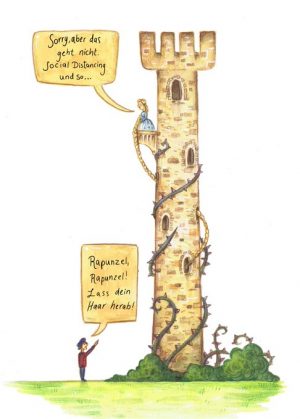 Postkarte: Rapunzel (aus Märchen nach Corona – Quarantäne hinter den sieben Bergen)